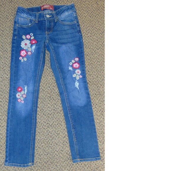 *Arizona Skinny Jeans Girls 7 Blue Adjustable Waist Embroidered - Picture 1 of 5